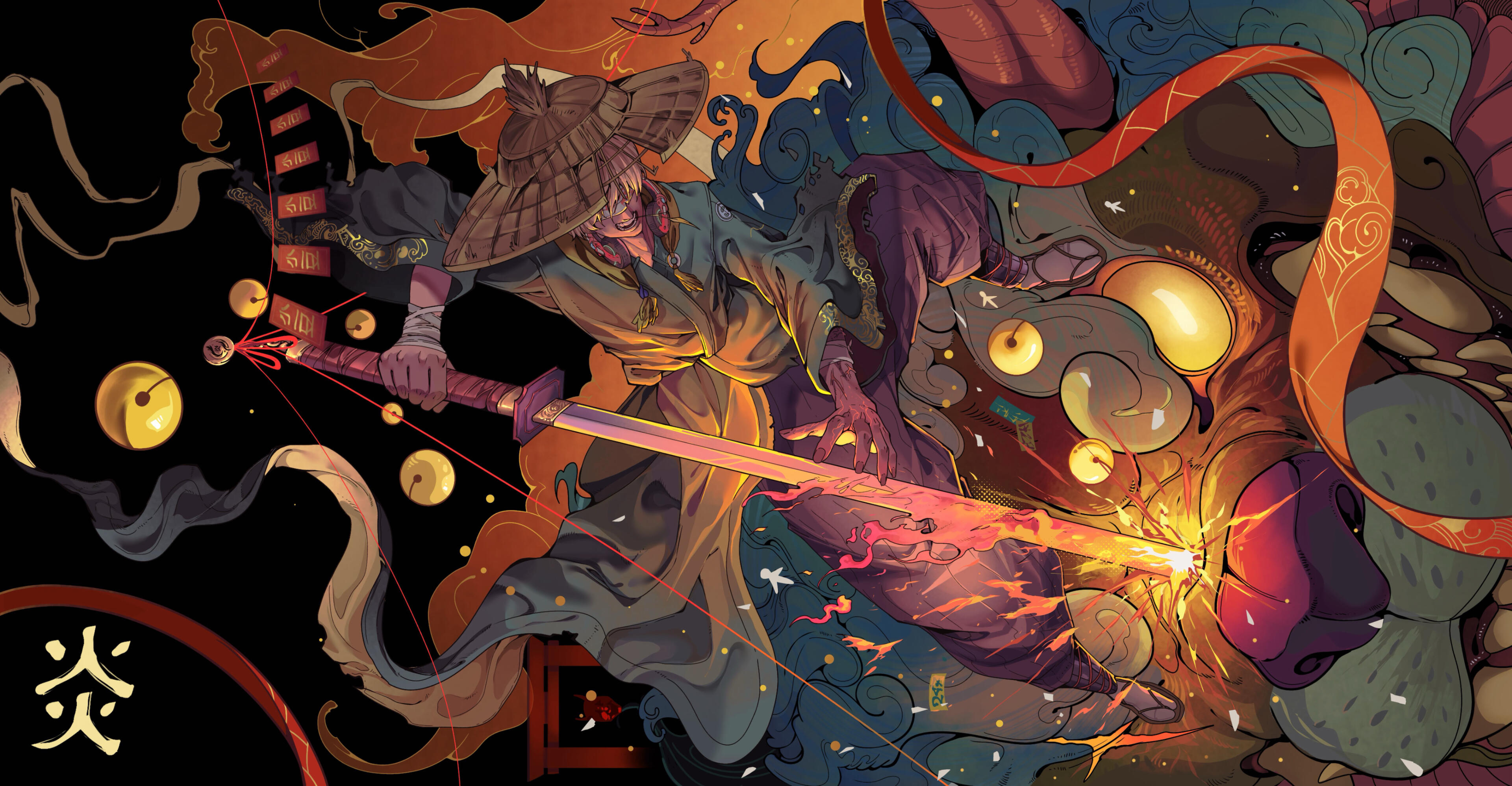 カグツチ delivers a decisive strike against a corrupted Komainu, his burning blade severing both flesh and the crimson threads that bind its spirit.