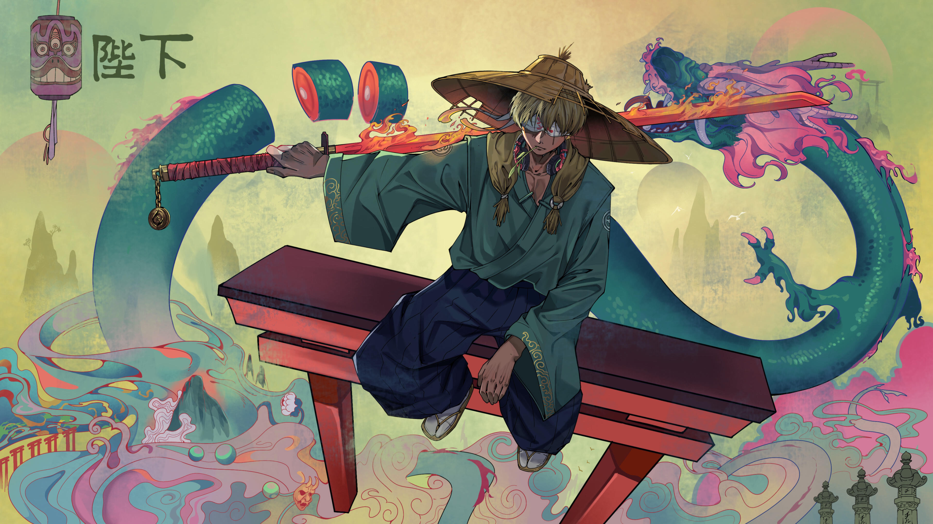 カグツチ delivers a decisive strike against the Ryū, his flame-forged blade cleaving the great serpent in a single motion. Amid sacred torii, drifting clouds, and divine fire, the moment captures the triumph of discipline over overwhelming power.