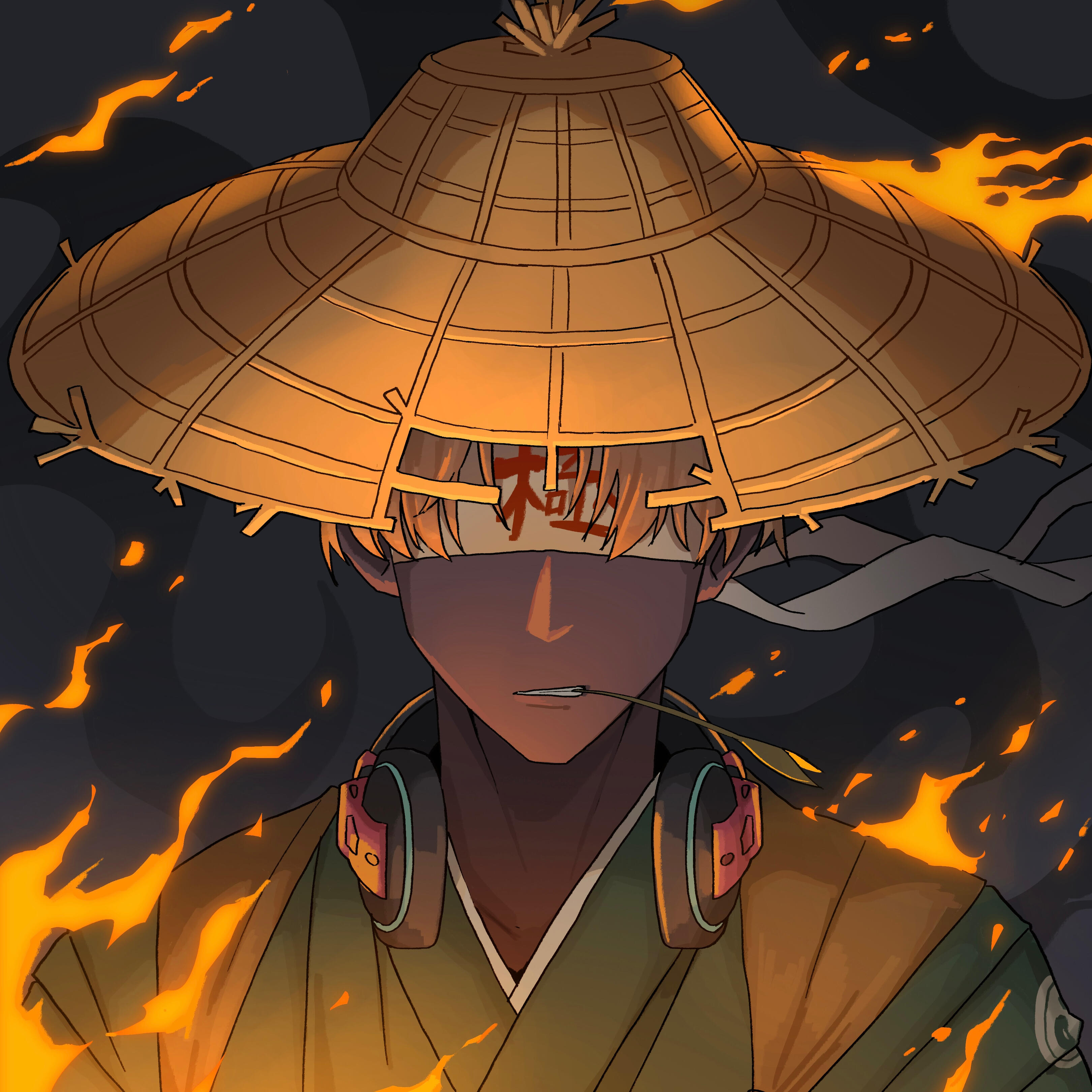 An official portrait of カグツチ陛下 standing amidst drifting embers and smoke. Beneath a broken straw hat and the Ji Eyeband, he remains calm and unreadable, carrying neither triumph nor anger—only quiet resolve.