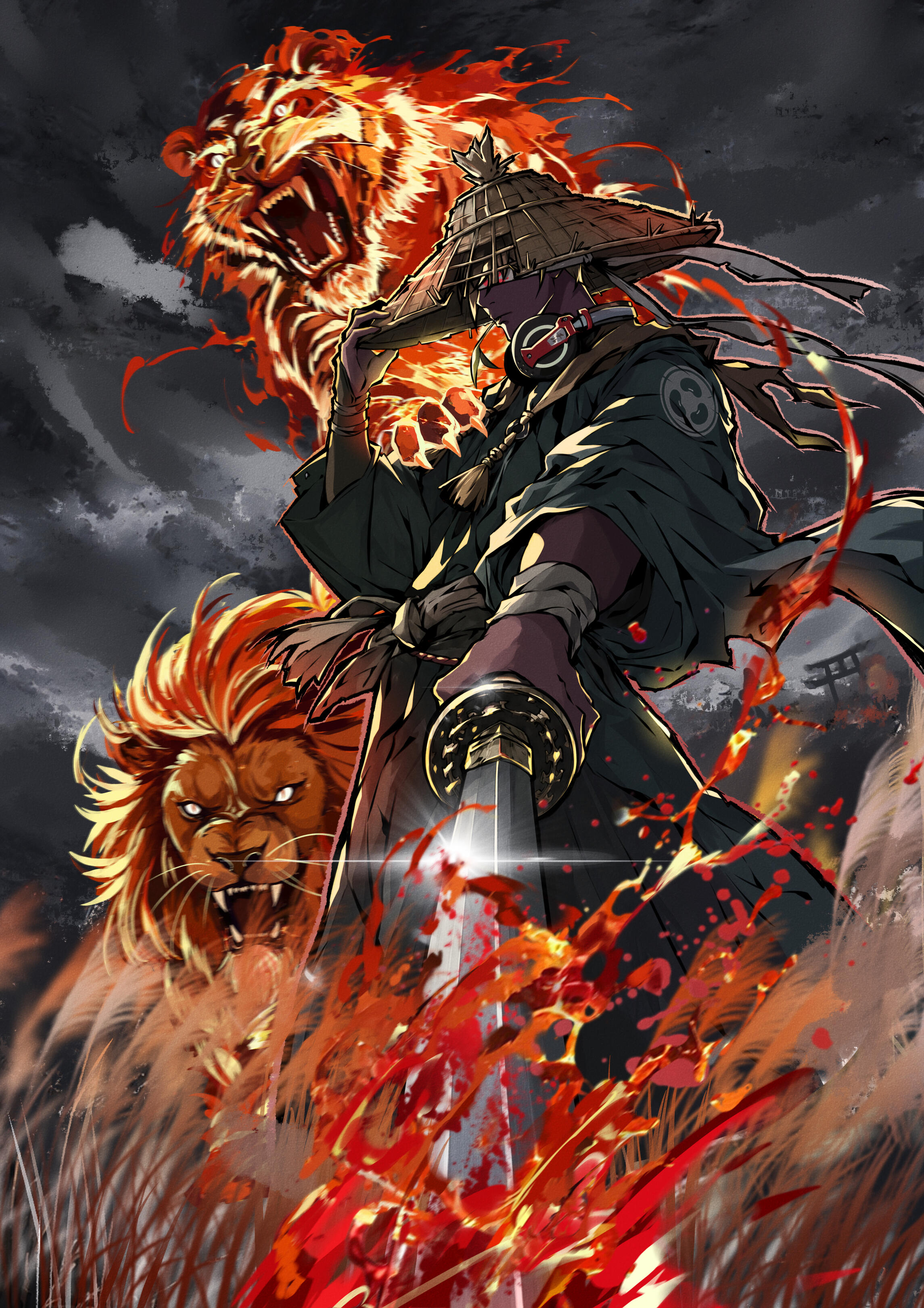 As Kagutsuchi unsheathes his blade, two guardians answer his call. Bound by flame, they walk beside him as emblems of strength, discipline, and resolve.