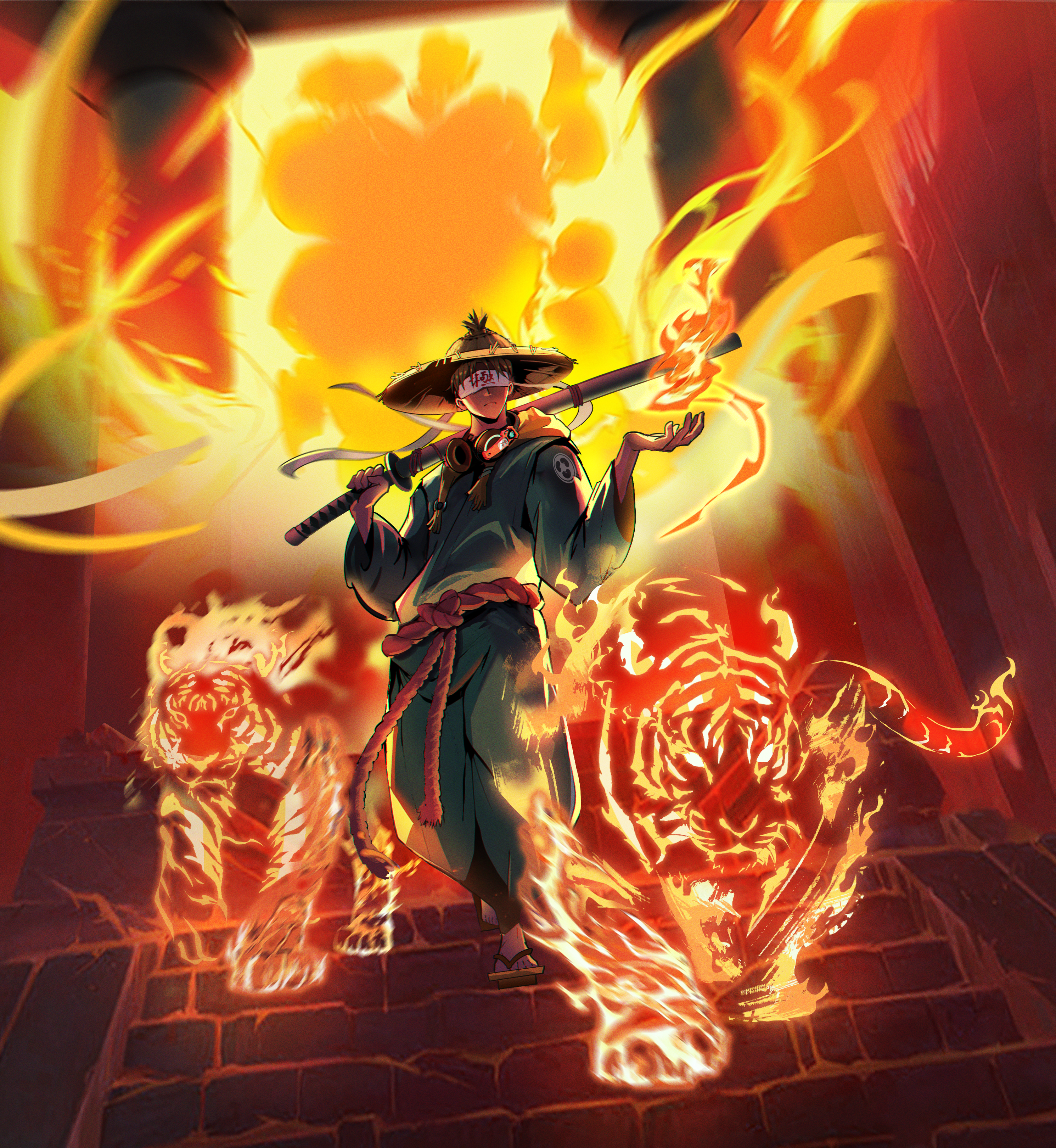Kagutsuchi Heika walks calmly through a blazing shrine, carrying his katana across his shoulders as two spirit tigers emerge from living flames. Illuminated by the burning torii behind him, he embodies quiet authority.